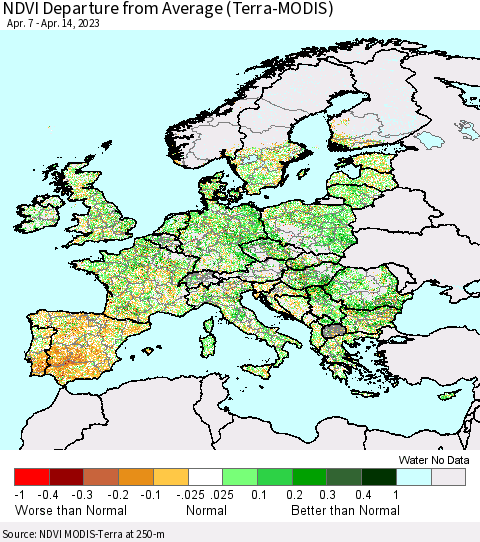 Europe NDVI Departure from Average (Terra-MODIS) Thematic Map For 4/7/2023 - 4/14/2023