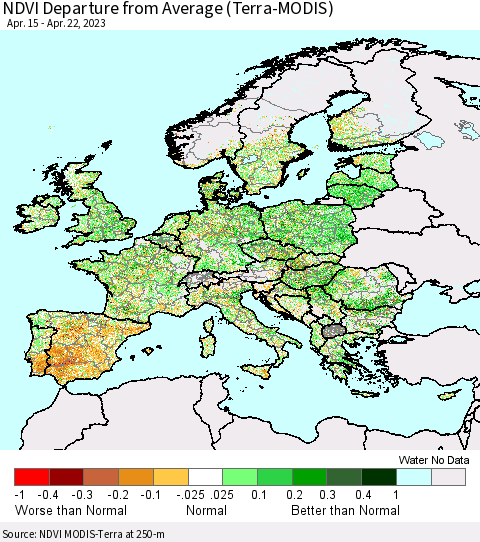Europe NDVI Departure from Average (Terra-MODIS) Thematic Map For 4/15/2023 - 4/22/2023