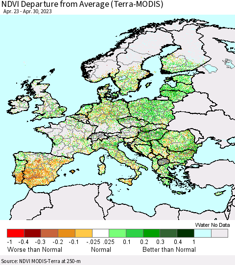Europe NDVI Departure from Average (Terra-MODIS) Thematic Map For 4/23/2023 - 4/30/2023