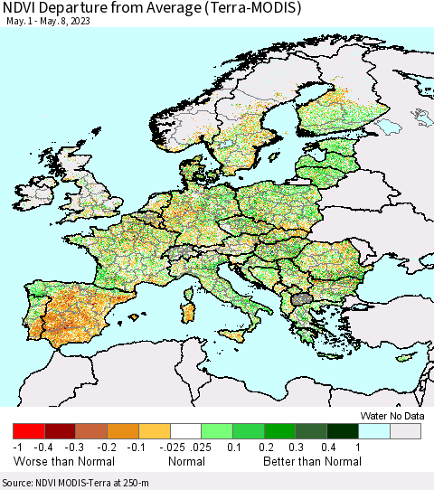 Europe NDVI Departure from Average (Terra-MODIS) Thematic Map For 5/1/2023 - 5/8/2023