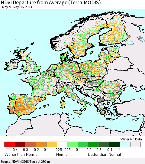 Europe NDVI Departure from Average (Terra-MODIS) Thematic Map For 5/9/2023 - 5/16/2023