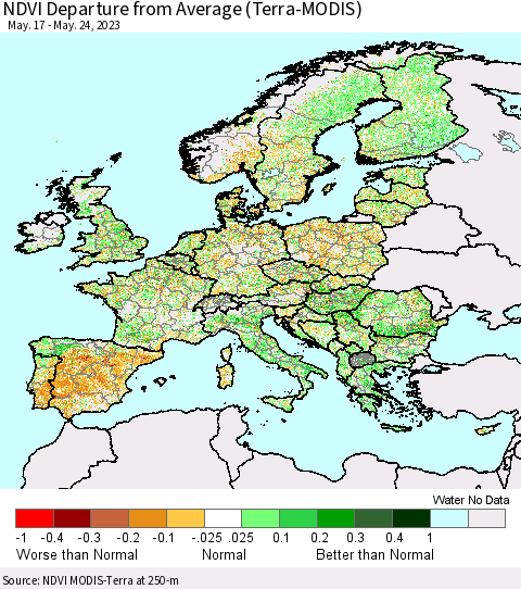 Europe NDVI Departure from Average (Terra-MODIS) Thematic Map For 5/17/2023 - 5/24/2023