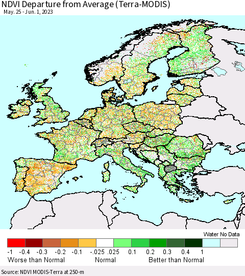 Europe NDVI Departure from Average (Terra-MODIS) Thematic Map For 5/25/2023 - 6/1/2023