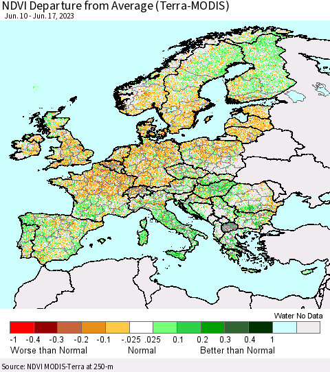 Europe NDVI Departure from Average (Terra-MODIS) Thematic Map For 6/10/2023 - 6/17/2023