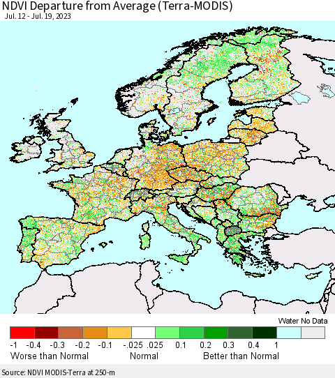 Europe NDVI Departure from Average (Terra-MODIS) Thematic Map For 7/12/2023 - 7/19/2023