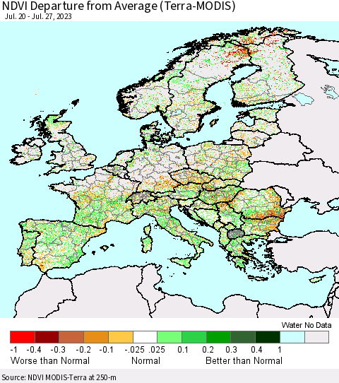 Europe NDVI Departure from Average (Terra-MODIS) Thematic Map For 7/20/2023 - 7/27/2023