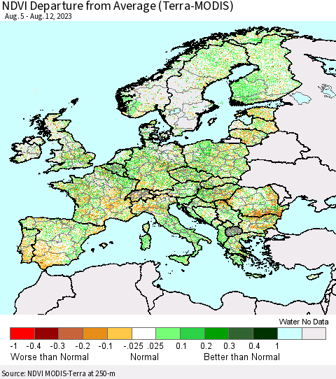 Europe NDVI Departure from Average (Terra-MODIS) Thematic Map For 8/5/2023 - 8/12/2023