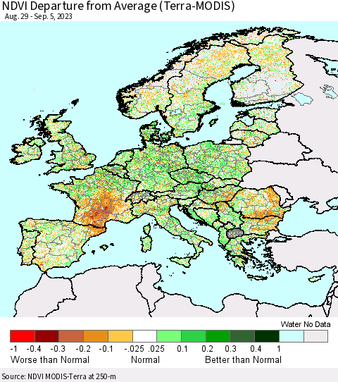 Europe NDVI Departure from Average (Terra-MODIS) Thematic Map For 8/29/2023 - 9/5/2023