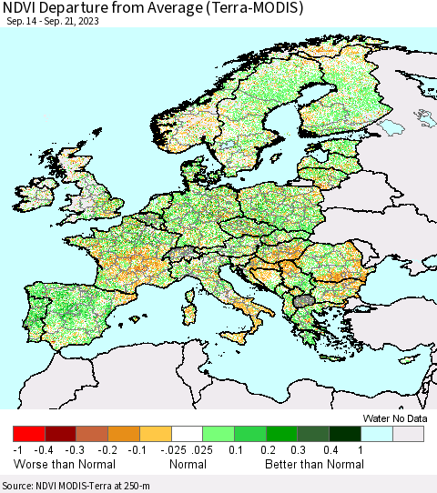 Europe NDVI Departure from Average (Terra-MODIS) Thematic Map For 9/14/2023 - 9/21/2023