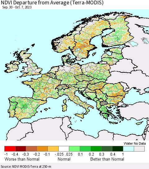 Europe NDVI Departure from Average (Terra-MODIS) Thematic Map For 9/30/2023 - 10/7/2023