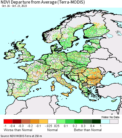 Europe NDVI Departure from Average (Terra-MODIS) Thematic Map For 10/16/2023 - 10/23/2023