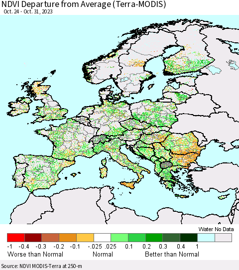 Europe NDVI Departure from Average (Terra-MODIS) Thematic Map For 10/24/2023 - 10/31/2023