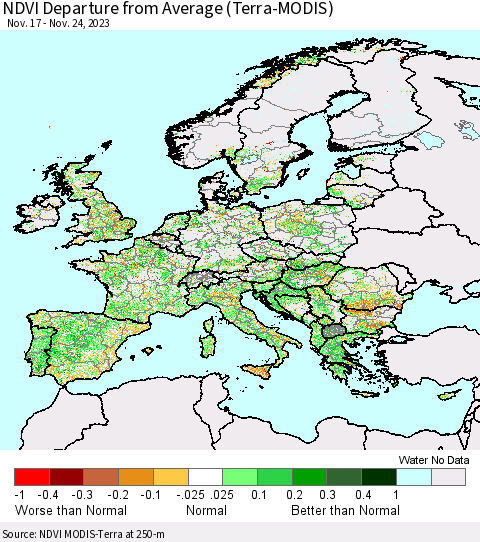 Europe NDVI Departure from Average (Terra-MODIS) Thematic Map For 11/17/2023 - 11/24/2023
