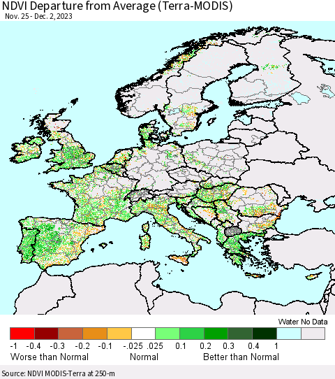 Europe NDVI Departure from Average (Terra-MODIS) Thematic Map For 11/25/2023 - 12/2/2023