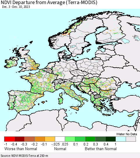 Europe NDVI Departure from Average (Terra-MODIS) Thematic Map For 12/3/2023 - 12/10/2023