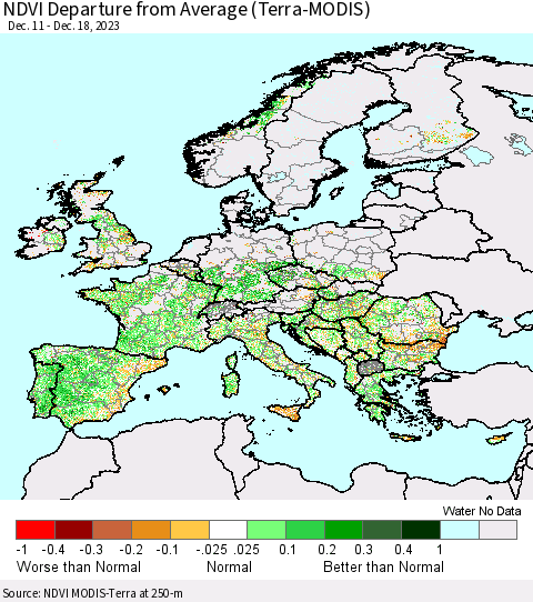 Europe NDVI Departure from Average (Terra-MODIS) Thematic Map For 12/11/2023 - 12/18/2023