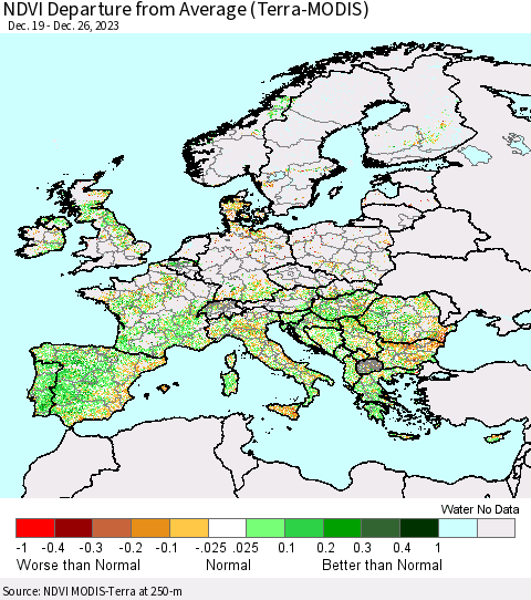 Europe NDVI Departure from Average (Terra-MODIS) Thematic Map For 12/19/2023 - 12/26/2023