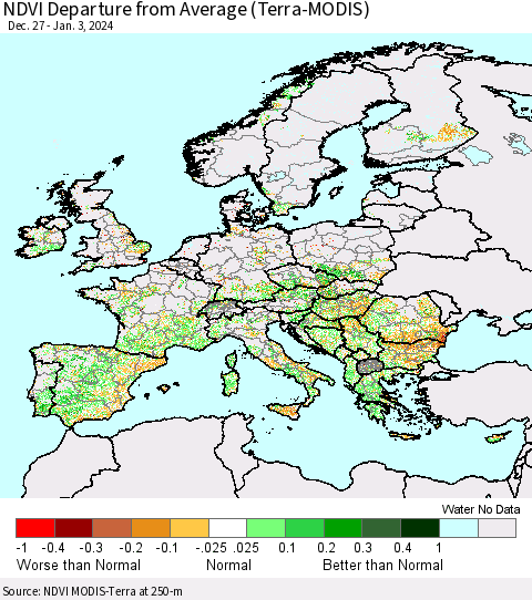 Europe NDVI Departure from Average (Terra-MODIS) Thematic Map For 12/27/2023 - 1/3/2024