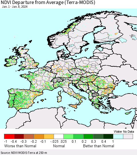 Europe NDVI Departure from Average (Terra-MODIS) Thematic Map For 1/1/2024 - 1/8/2024