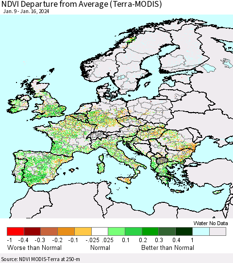 Europe NDVI Departure from Average (Terra-MODIS) Thematic Map For 1/9/2024 - 1/16/2024