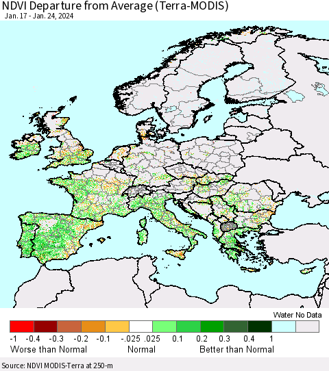 Europe NDVI Departure from Average (Terra-MODIS) Thematic Map For 1/17/2024 - 1/24/2024