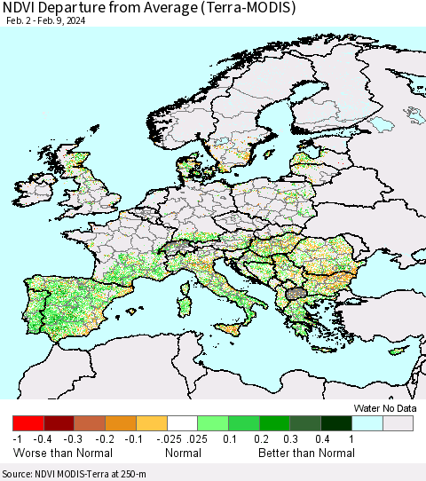 Europe NDVI Departure from Average (Terra-MODIS) Thematic Map For 2/2/2024 - 2/9/2024