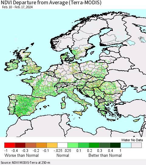 Europe NDVI Departure from Average (Terra-MODIS) Thematic Map For 2/10/2024 - 2/17/2024