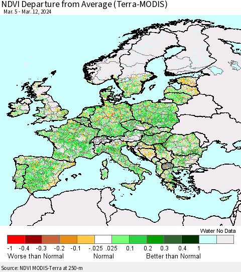 Europe NDVI Departure from Average (Terra-MODIS) Thematic Map For 3/5/2024 - 3/12/2024