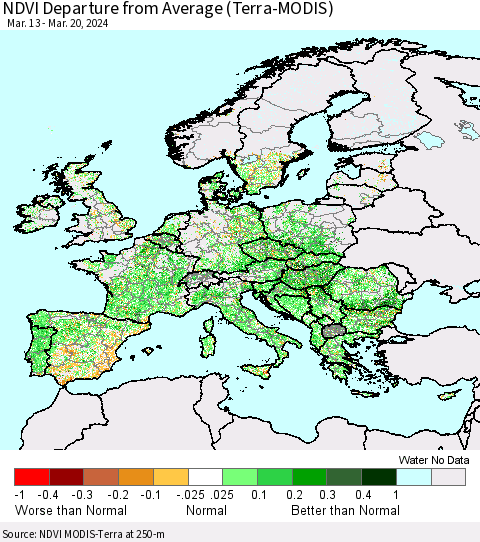 Europe NDVI Departure from Average (Terra-MODIS) Thematic Map For 3/13/2024 - 3/20/2024