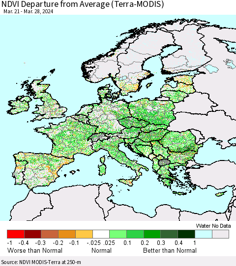Europe NDVI Departure from Average (Terra-MODIS) Thematic Map For 3/21/2024 - 3/28/2024
