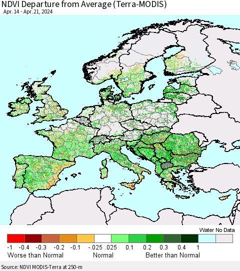 Europe NDVI Departure from Average (Terra-MODIS) Thematic Map For 4/14/2024 - 4/21/2024