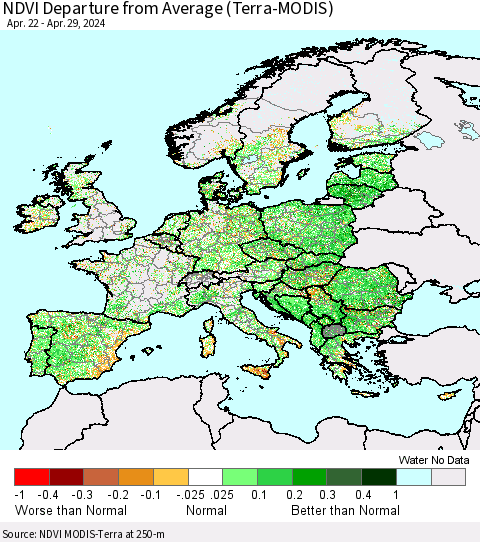 Europe NDVI Departure from Average (Terra-MODIS) Thematic Map For 4/22/2024 - 4/29/2024