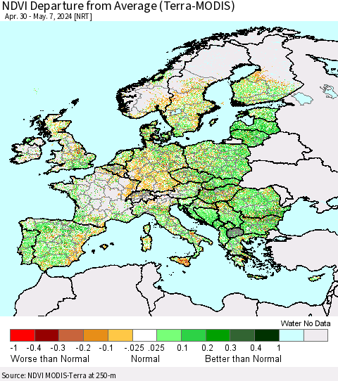 Europe NDVI Departure from Average (Terra-MODIS) Thematic Map For 4/30/2024 - 5/7/2024