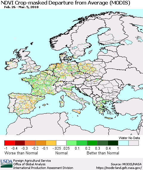 Europe Cropland NDVI Departure from Average (Terra-MODIS) Thematic Map For 3/1/2018 - 3/10/2018