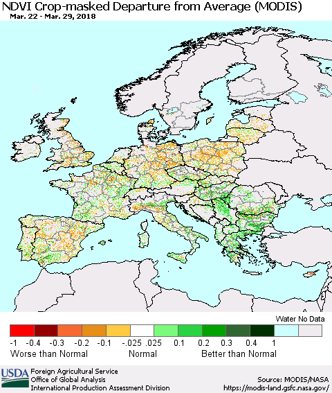 Europe Cropland NDVI Departure from Average (Terra-MODIS) Thematic Map For 3/21/2018 - 3/31/2018