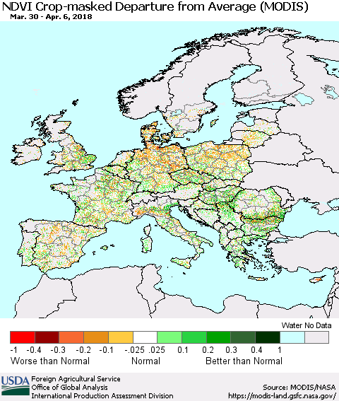 Europe Cropland NDVI Departure from Average (Terra-MODIS) Thematic Map For 4/1/2018 - 4/10/2018
