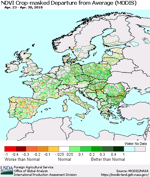Europe Cropland NDVI Departure from Average (Terra-MODIS) Thematic Map For 4/21/2018 - 4/30/2018