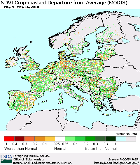 Europe Cropland NDVI Departure from Average (Terra-MODIS) Thematic Map For 5/11/2018 - 5/20/2018