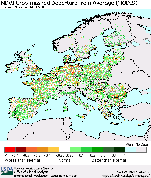 Europe Cropland NDVI Departure from Average (Terra-MODIS) Thematic Map For 5/21/2018 - 5/31/2018