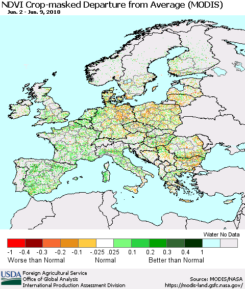 Europe Cropland NDVI Departure from Average (Terra-MODIS) Thematic Map For 6/1/2018 - 6/10/2018