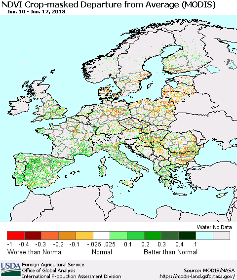Europe Cropland NDVI Departure from Average (Terra-MODIS) Thematic Map For 6/11/2018 - 6/20/2018