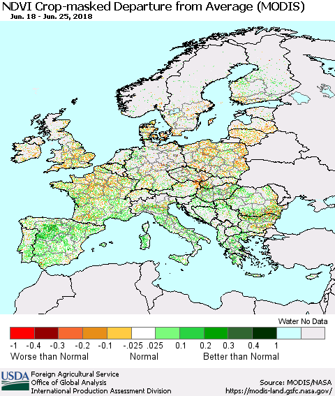 Europe Cropland NDVI Departure from Average (Terra-MODIS) Thematic Map For 6/21/2018 - 6/30/2018