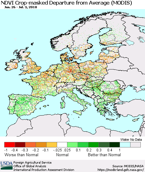 Europe Cropland NDVI Departure from Average (Terra-MODIS) Thematic Map For 7/1/2018 - 7/10/2018