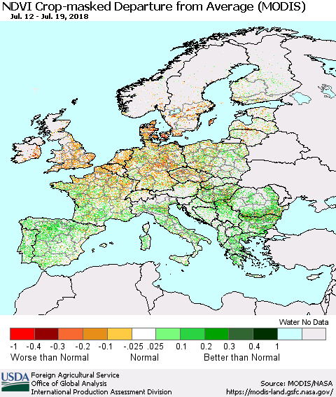Europe Cropland NDVI Departure from Average (Terra-MODIS) Thematic Map For 7/11/2018 - 7/20/2018