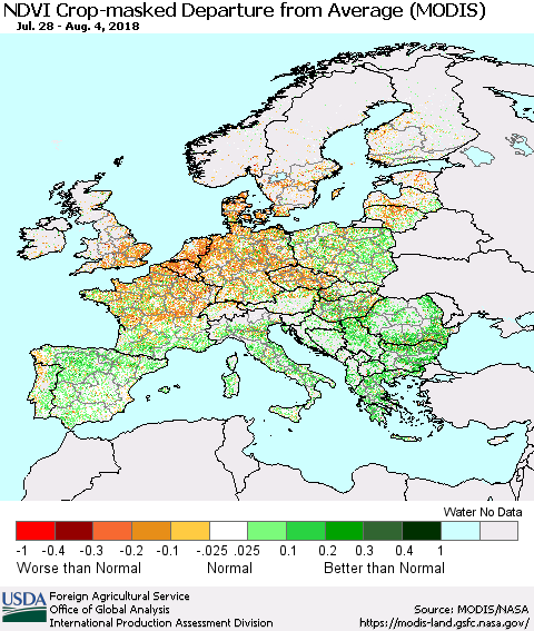 Europe Cropland NDVI Departure from Average (Terra-MODIS) Thematic Map For 8/1/2018 - 8/10/2018