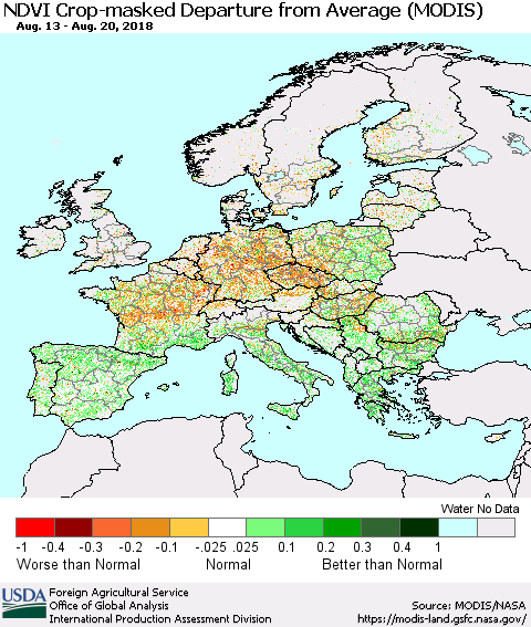 Europe Cropland NDVI Departure from Average (Terra-MODIS) Thematic Map For 8/11/2018 - 8/20/2018
