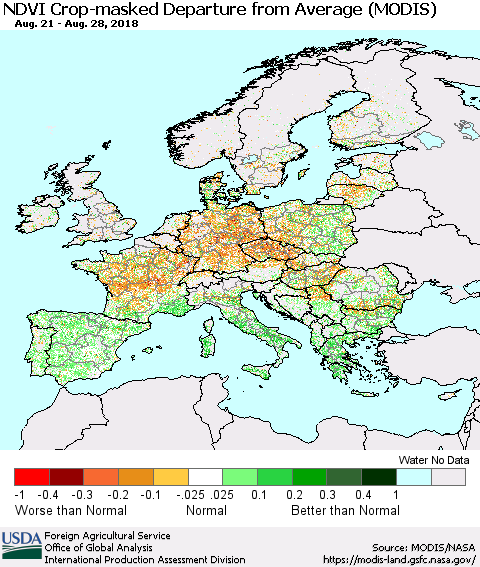Europe Cropland NDVI Departure from Average (Terra-MODIS) Thematic Map For 8/21/2018 - 8/31/2018