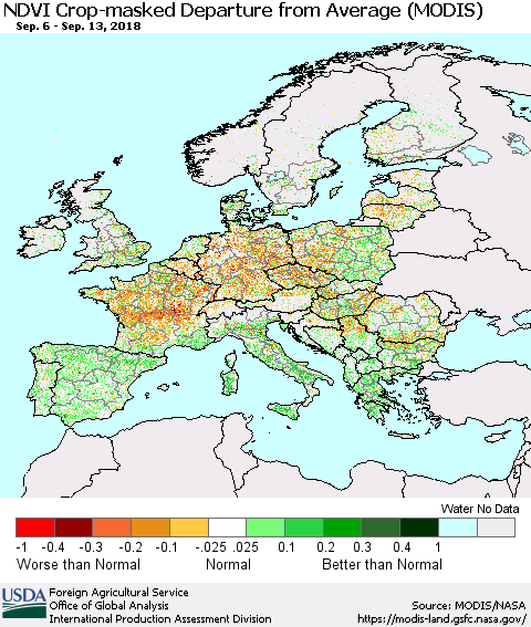 Europe Cropland NDVI Departure from Average (Terra-MODIS) Thematic Map For 9/11/2018 - 9/20/2018