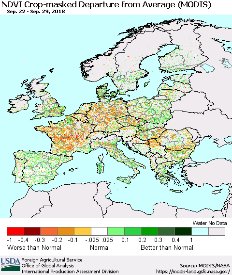 Europe Cropland NDVI Departure from Average (Terra-MODIS) Thematic Map For 9/21/2018 - 9/30/2018