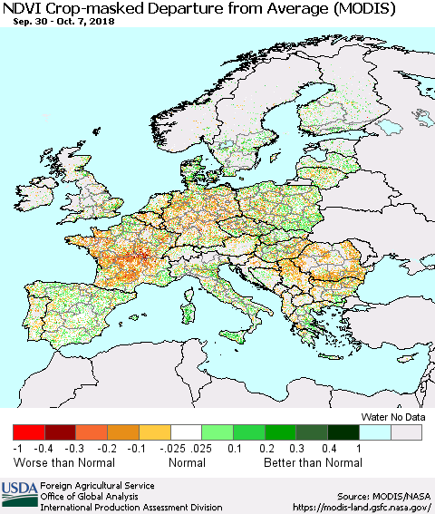 Europe Cropland NDVI Departure from Average (Terra-MODIS) Thematic Map For 10/1/2018 - 10/10/2018
